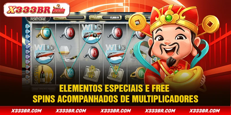 Elementos especiais e free spins acompanhados de multiplicadores